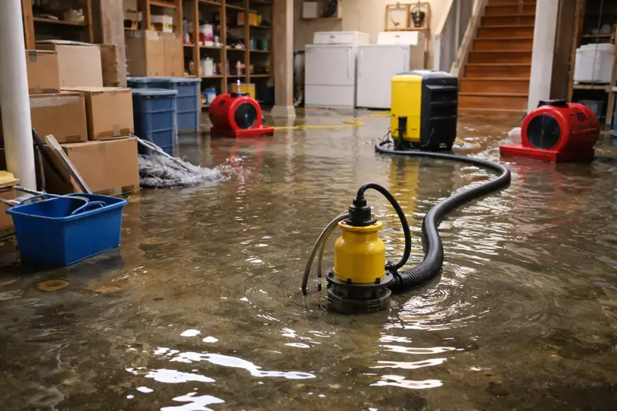 Standing water in a Warren basement with a pump and air movers running
