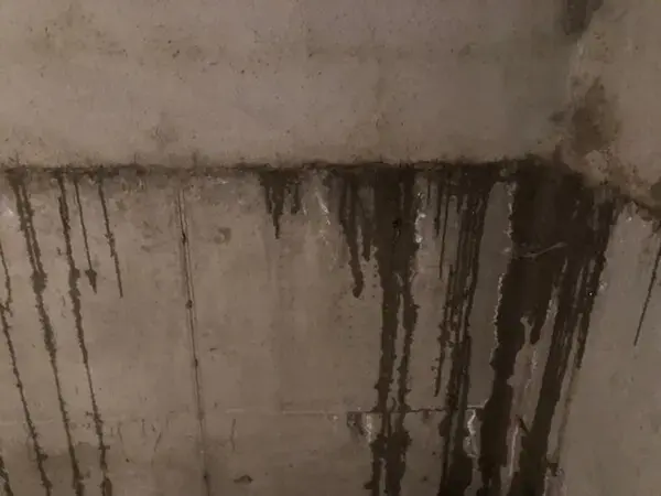 Water streaks running down a poured concrete basement wall